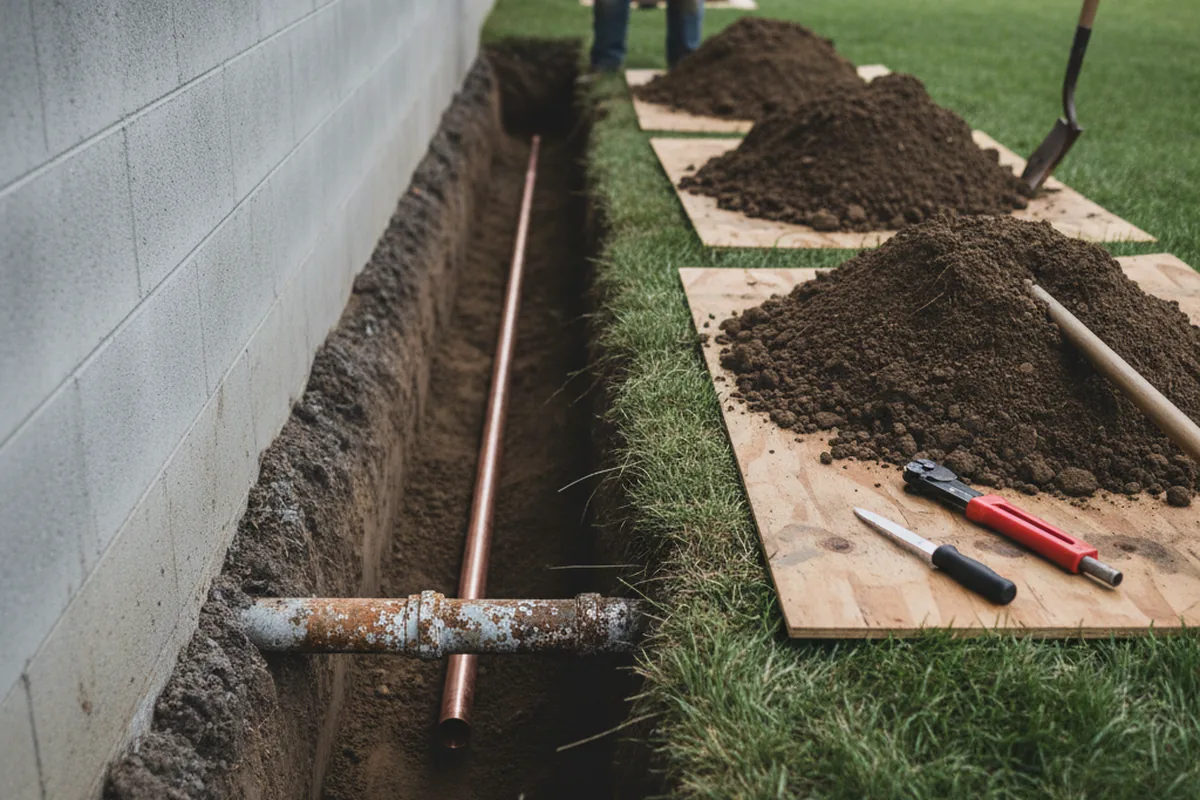Excavated water line trench during Water Softener Installation in Bailey
